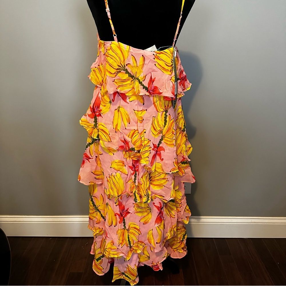 NWT Farm Rio Banana Taste Tiered Irregular Pink Sleeveless Midi Dress Ru… - Picture 5 of 12